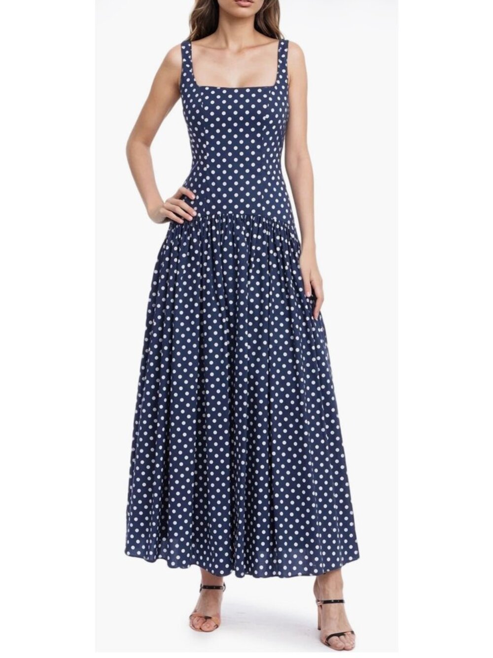 Jewel Badgley Mischka Polka Dot Drop Waist Cotton Maxi Dress size 4